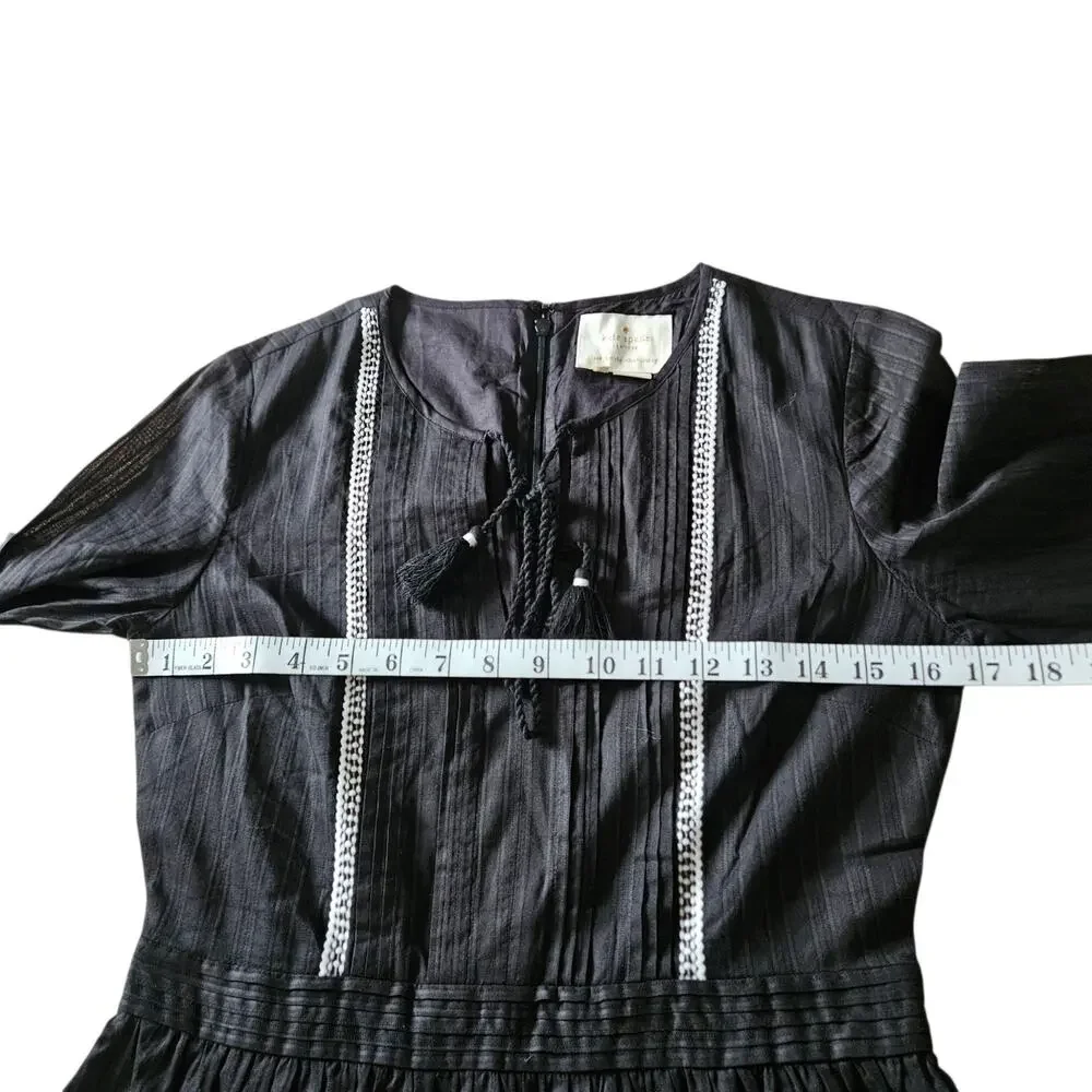 Kate Spade Black & White Mosaic Embroidered Dress 3/4 Sleeves Tassel Tie 0